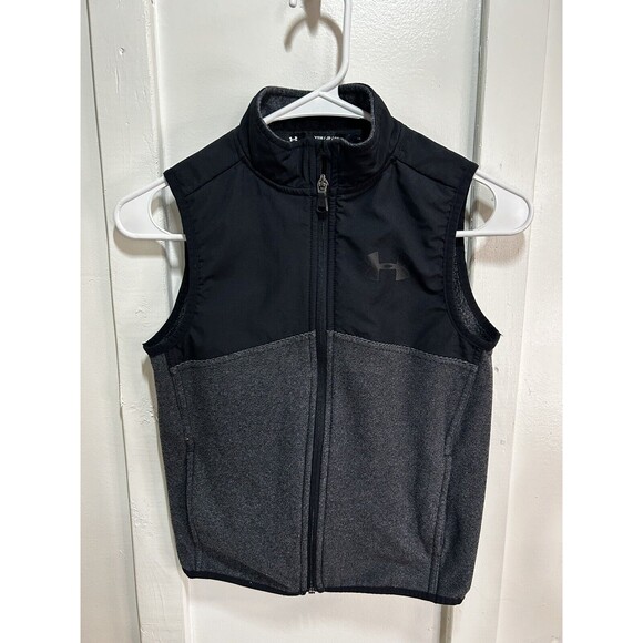 Boys Small Cold Gear Under Armour Black And Gray Zip Up Fleece Vest With Pockets - Picture 1 of 6